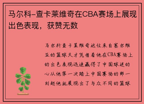 马尔科-查卡莱维奇在CBA赛场上展现出色表现，获赞无数