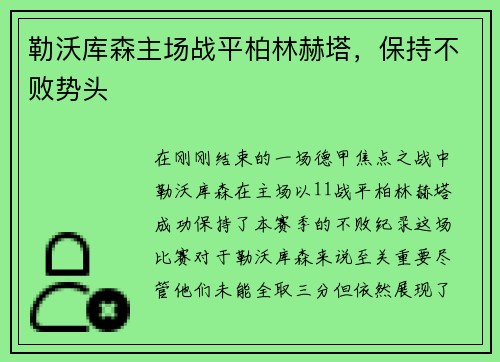 勒沃库森主场战平柏林赫塔，保持不败势头