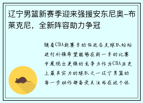 辽宁男篮新赛季迎来强援安东尼奥-布莱克尼，全新阵容助力争冠